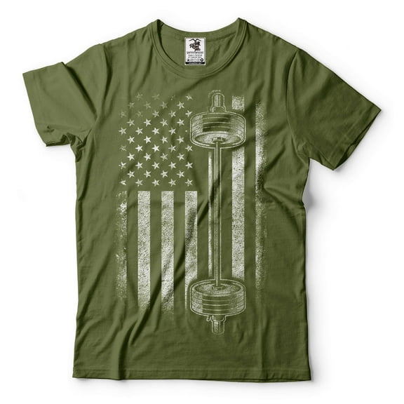 Mens American Flag With Barbell Shirt USA Freedom Shirt Workout T-Shirt Gym Shirts Gym Bro Gifts (Small Military Green)