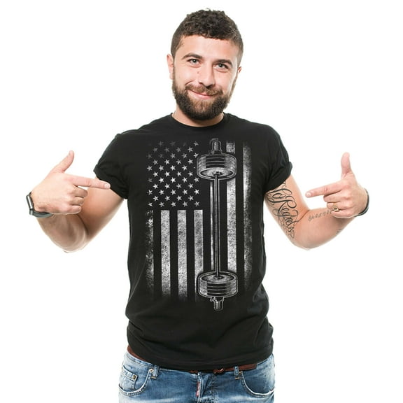 Mens American Flag With Barbell Shirt USA Freedom Shirt Workout T-Shirt Gym Shirts Gym Bro Gifts