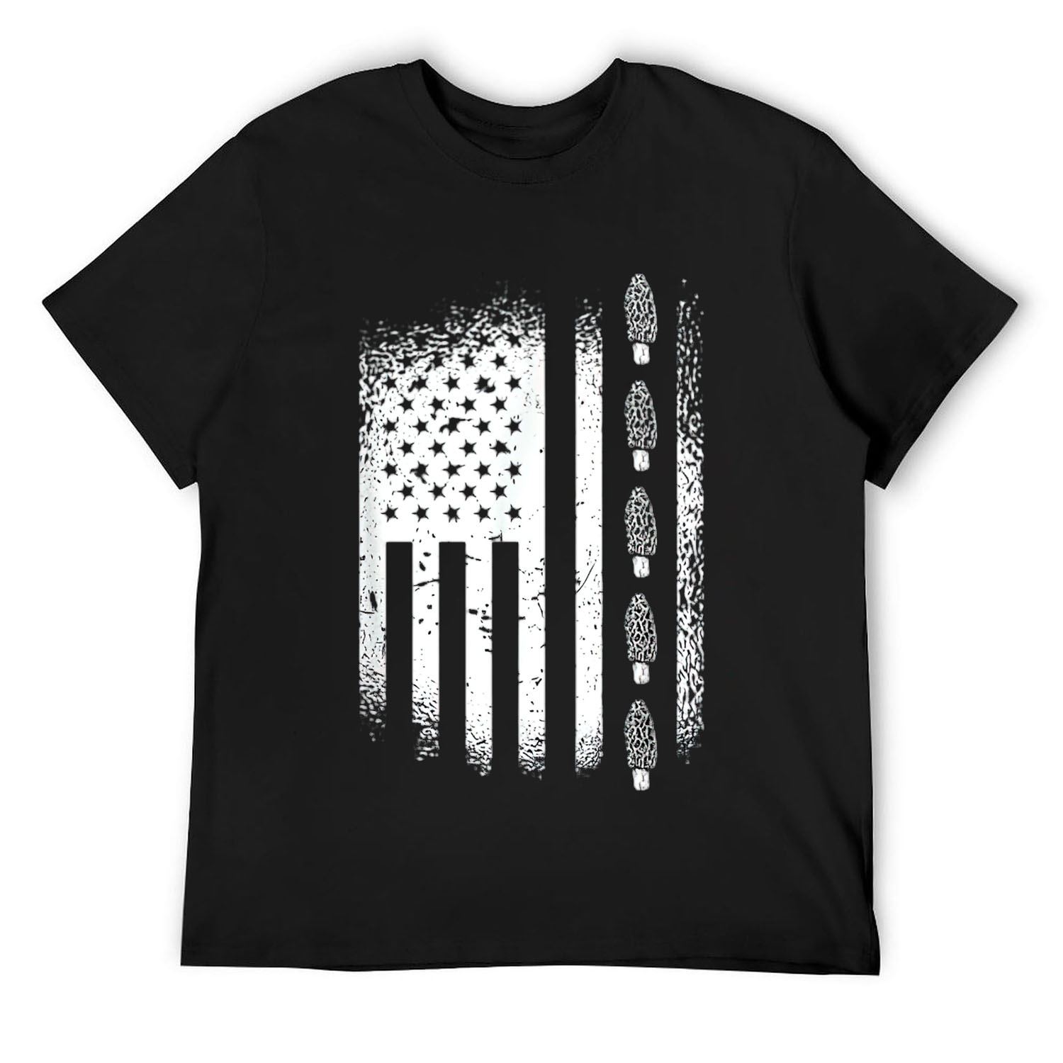 Mens American Mushroom Hunter with Morels in USA Flag TShirt Black