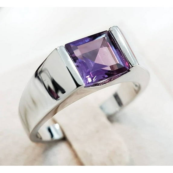 Mens Amethyst Ring, 925 Sterling Silver Men's Engagement Ring, 8mm Emerald Cut Purple Gemstone February Birthstone Wedding Band Ring Jewelry