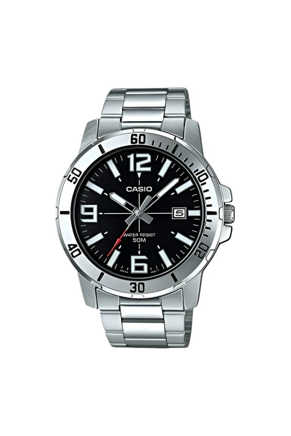 Mens Analog Stainless Steel Band and Case Silver Black Dial 50-meter Water Resistance Watch MTP-VD01D-1BVUDF