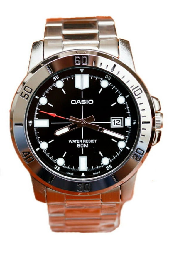 Mens Analog Stainless Steel Band and Case Silver Black Dial 50-meter Water Resistance Watch MTP-VD01D-1EVUDF