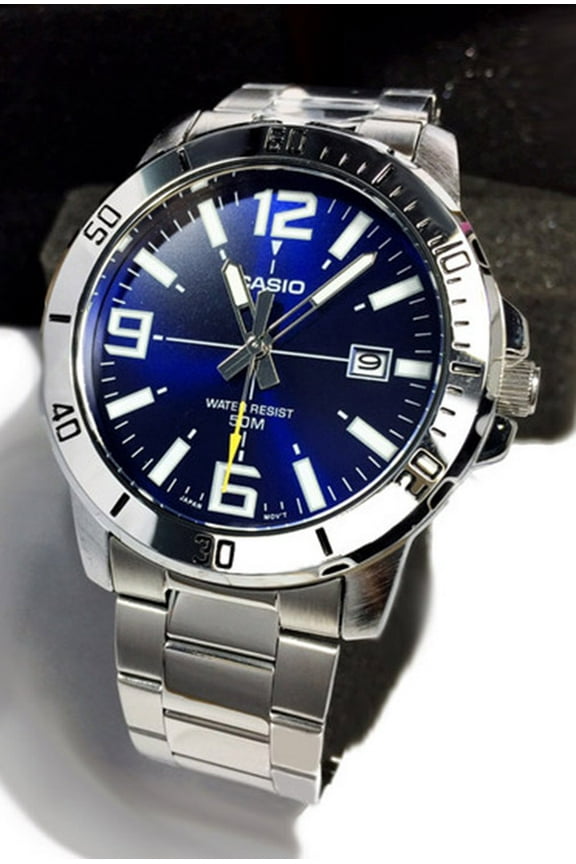 Mens Analog Stainless Steel Band and Case Silver Blue Dial 50-meter Water Resistance Watch MTP-VD01D-2BVUDF