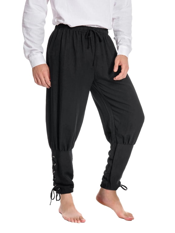 Mens Ankle Banded Pants Medieval Viking Navigator Renaissance Pants (L,Black)