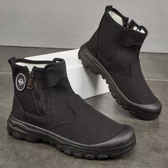 Mens Ankle Boots Canvas Round Toe Side Zip Boots Thick Cushioned Sole Comfort High‑Top Boots with Sturdy Outsole for Commuting Outdoor Activities