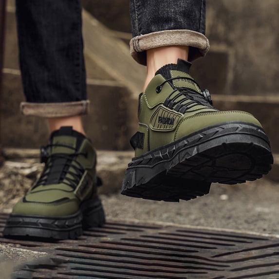Mens Ankle Boots Lace‑Up Round Toe Soft‑Sole Comfort Short Boots with Rotating Shoelace Buckle Padded Inner Lining for Commute Hiking Daily Outdoor Casual Wear