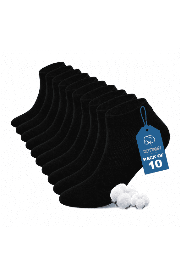 Mens Ankle Socks, PUTUO 10 Pairs Athletic Socks for Men Running and Training, Lightweight Breathable Low Cut Cotton Socks, Black