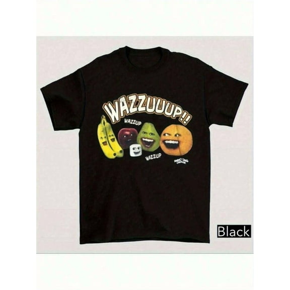 Mens Annoying Orange Meme Parody T-Shirt - Funny WAZZUP! ! Graphic Tee With Banana & Fruit Characters, Black Casual Short Sleeve Shirt For Summer, Humorous Gift Idea For Men