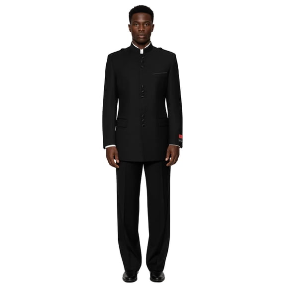 Mens Apollo King Banded Collarless suit Chinese Mandarin Wide leg AG91 Black