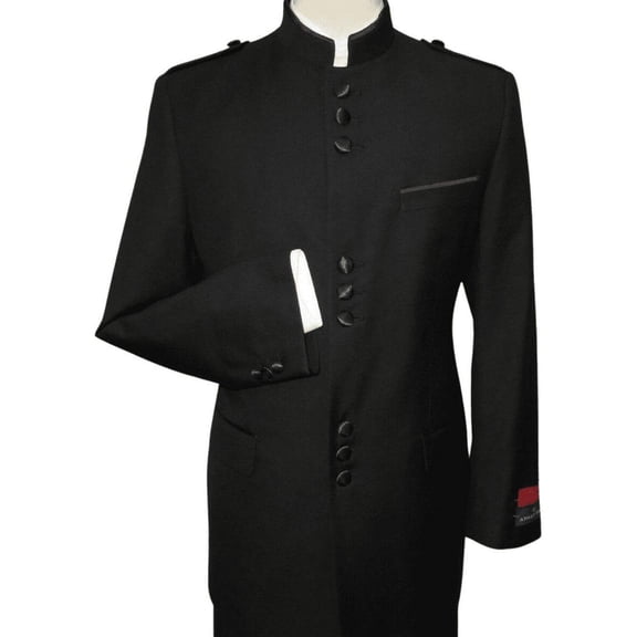 Mens Apollo King Banded Collarless suit Chinese Mandarin Wide leg AG91 Black