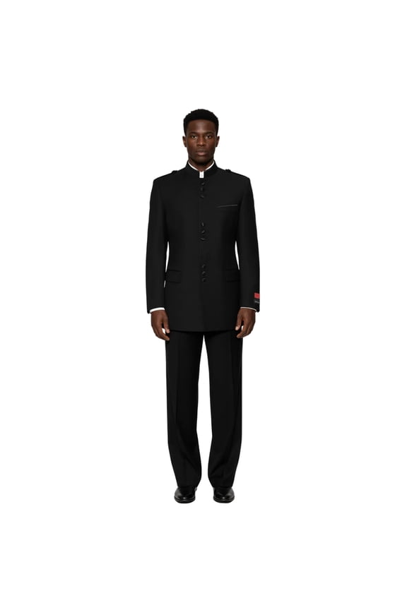 Mens Apollo King Banded Collarless suit Chinese Mandarin Wide leg AG91 Black