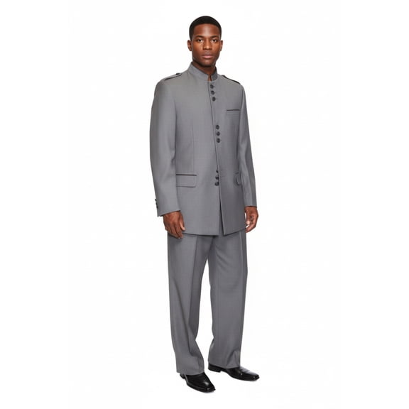 Mens Apollo  King  Banded Collarless suit Chinese Mandarin Wide leg AG93 Gray