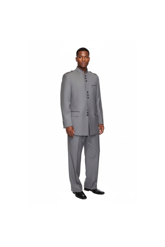 Mens Apollo King Banded Collarless suit Chinese Mandarin Wide leg AG93 Gray