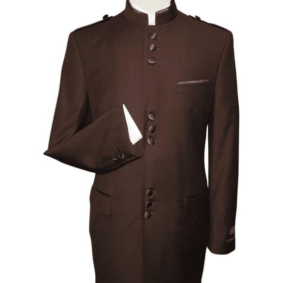 Mens Apollo King Banded Collarless suit Chinese Mandarin Wide leg AG94 Brown