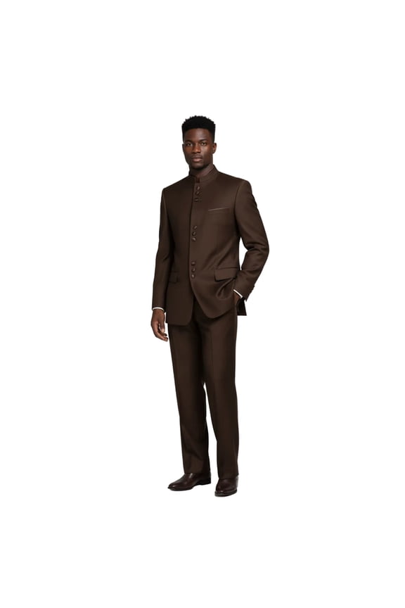 Mens Apollo King Banded Collarless suit Chinese Mandarin Wide leg AG94 Brown