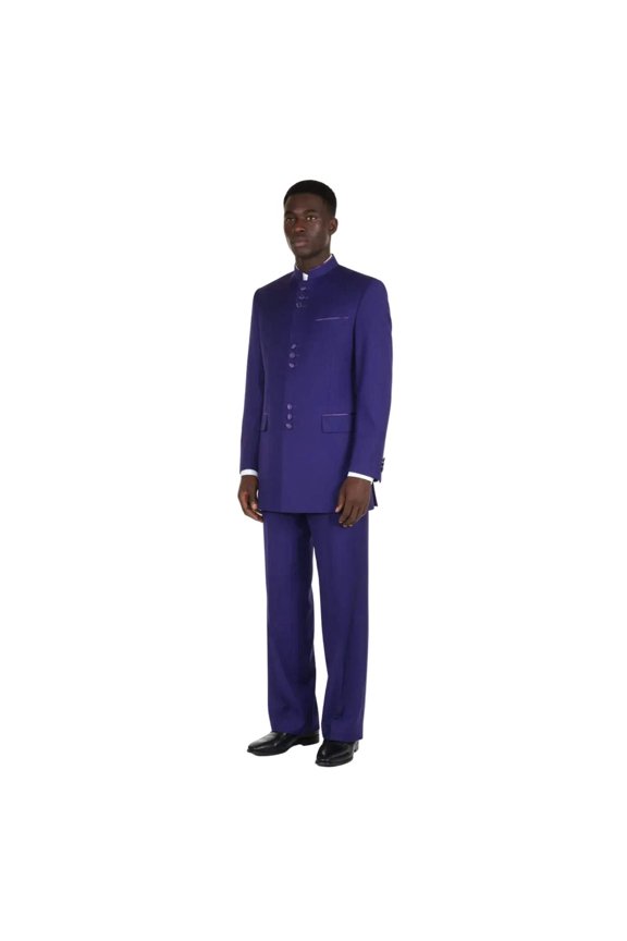 Mens Apollo King Banded Collarless suit Chinese Mandarin Wide leg AG95 Purple