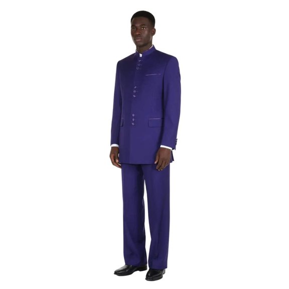 Mens Apollo King Banded Collarless suit Chinese Mandarin Wide leg AG95 Purple