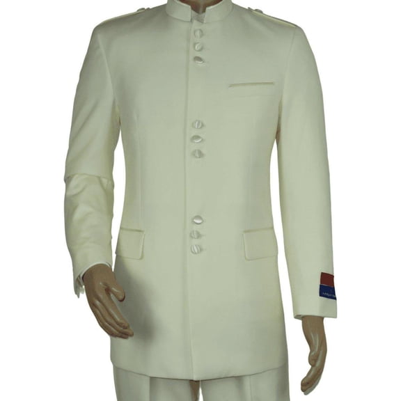 Mens Apollo King Banded Collarless suit Chinese Mandarin Wide leg AG97 Ivory