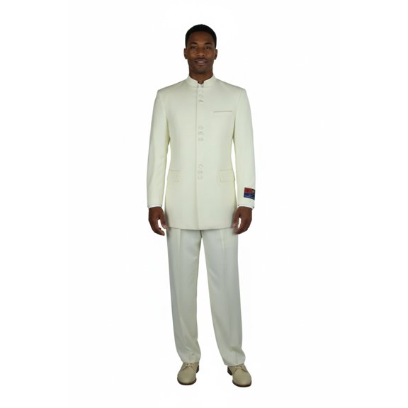 Mens Apollo King Banded Collarless suit Chinese Mandarin Wide leg AG97 Ivory