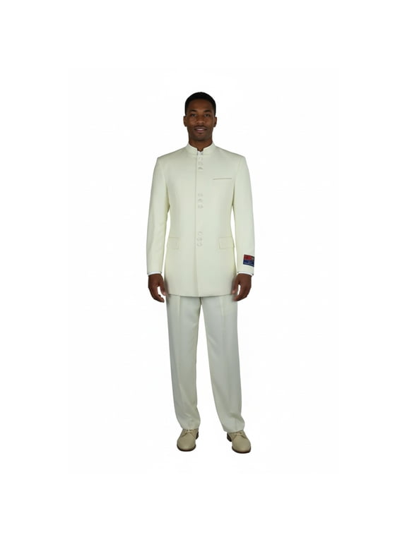 Mens Apollo King Banded Collarless suit Chinese Mandarin Wide leg AG97 Ivory