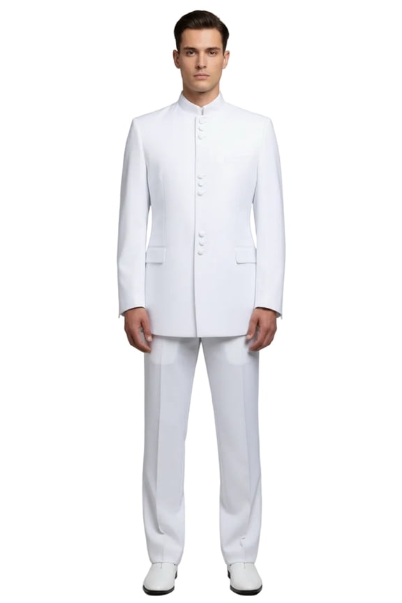 Mens Apollo King Banded Collarless suit Chinese Mandarin Wide leg AG98 White