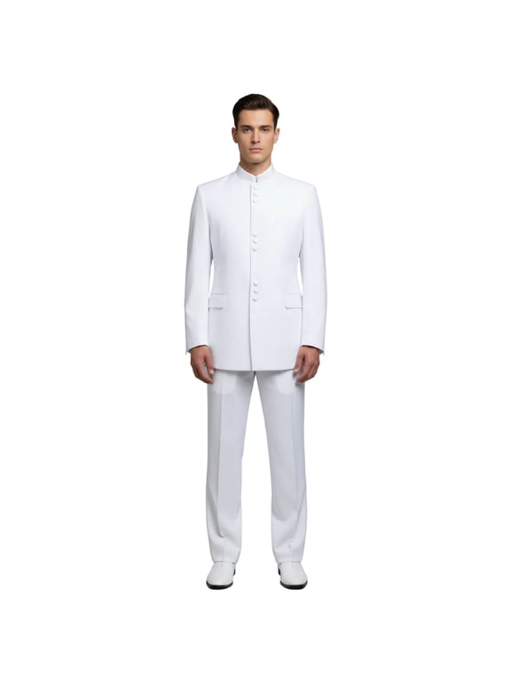 Mens Apollo King Banded Collarless suit Chinese Mandarin Wide leg AG98 White