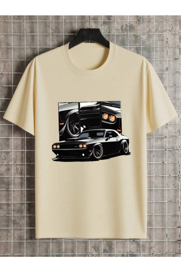 Mens Apricot 100% Cotton Graphic T-Shirt Featuring American Muscle Car Challenger Illustration
