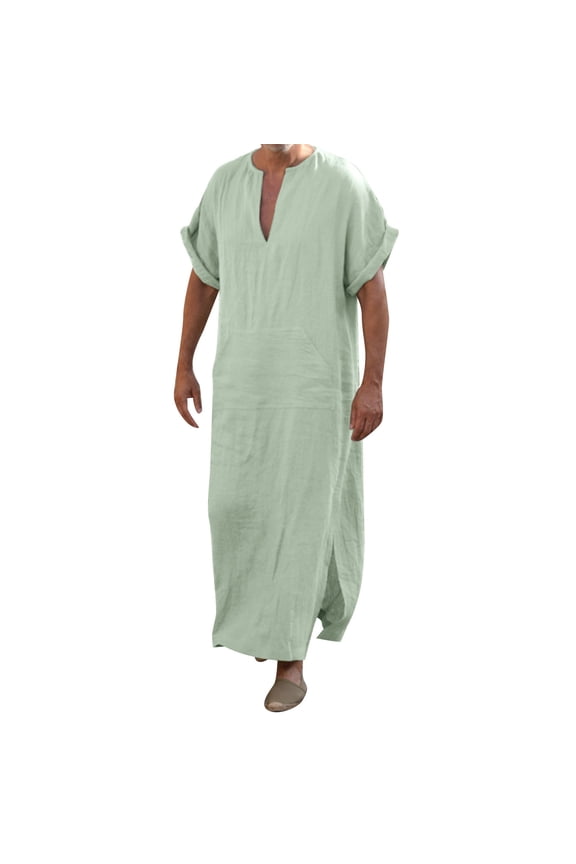 Mens Arabic Thobe Robe Long Sleeve Stand Collar Button Front Long Dubai Robe Slit Side Pockets Traditional Kaftan Clothing,Green,XXXL