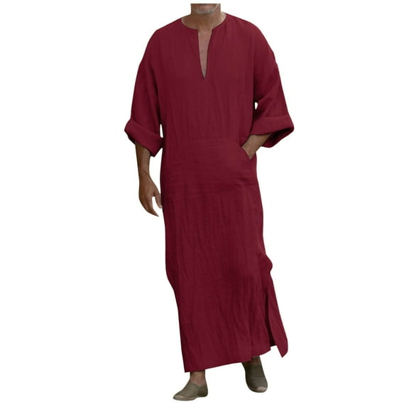 Mens Arabic Thobe Robe Long Sleeve Stand Collar Button Front Long Dubai Robe Slit Side Pockets Traditional Kaftan Clothing,Red,S