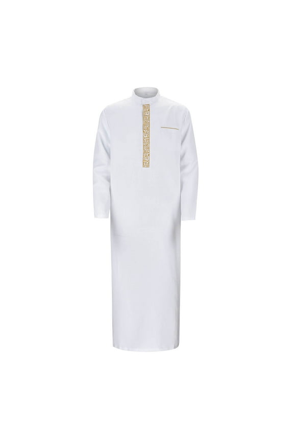 Mens Arabic Thobe Robe Long Sleeve Traditional Kaftan Prayer Dress Loose Fit Clothing Embroidery Ethnic Dubai Arab Robe,White,L