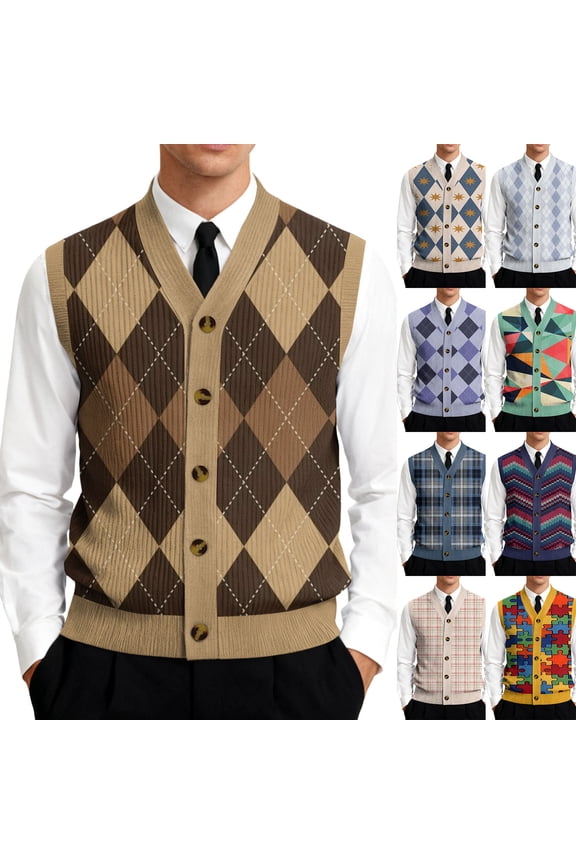 Mens Argyle Sweater Vests V Neck Sleeveless Cardigan Vest Knitwear Purple 3XL