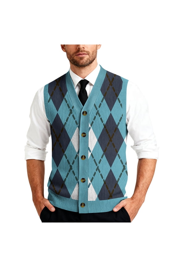 Mens Argyle Sweater Vests V Neck Sleeveless Cardigan Vest Knitwear