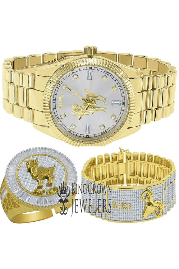 Mens Aries Ram Lucky Zodiac Sign 14K Gold Finish Simulated Diamond Custom Watch+Bracelet+Ring 3 Piece Combo Set