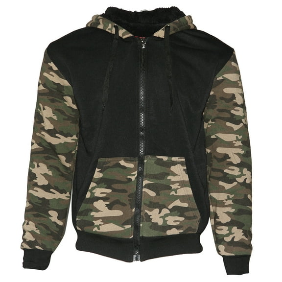 Mens Army Camo Zip Up Hoodie Sherpa Fleece Lining Sweater Jacket Black Camo M