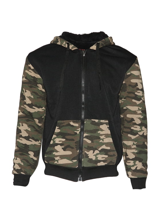Mens Army Camo Zip Up Hoodie Sherpa Fleece Lining Sweater Jacket Black Camo M