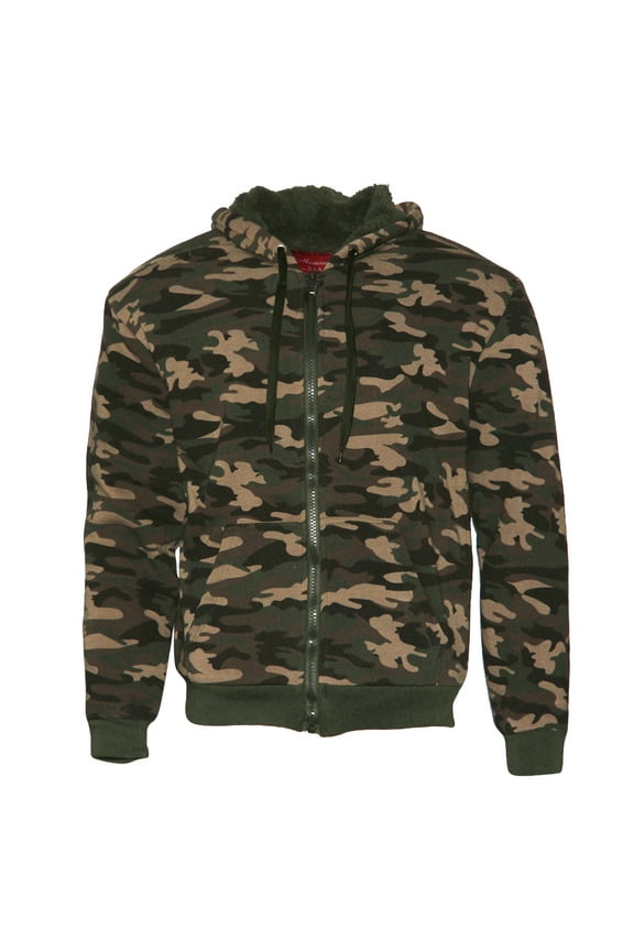 Mens Army Camo Zip Up Hoodie Sherpa Fleece Lining Sweater Jacket Green Camo L