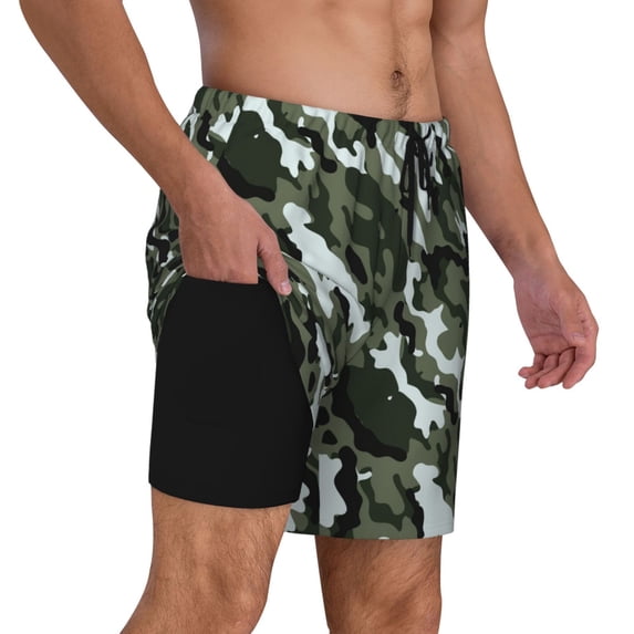 Mens Army Camouflage 2 in 1 Quick Dry Swim Trunks with Compression Liner Beach Shorts
