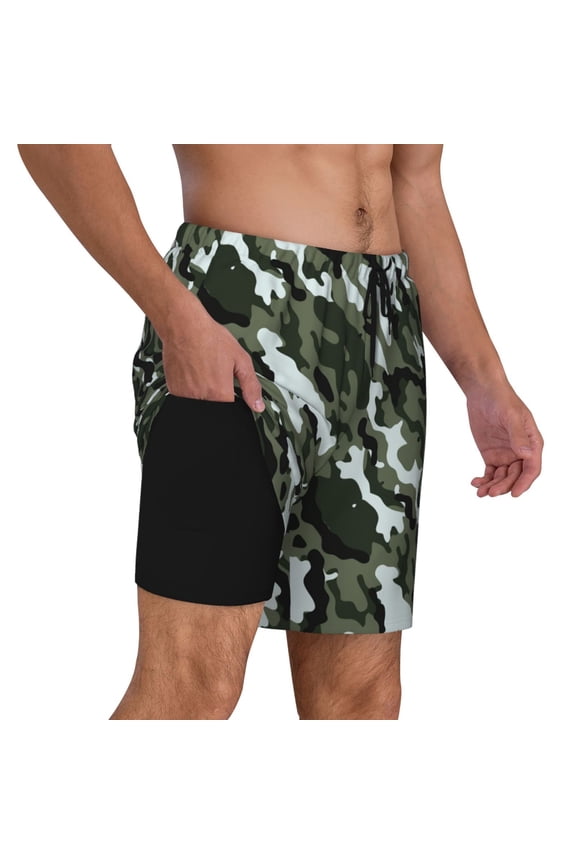 Mens Army Camouflage 2 in 1 Quick Dry Swim Trunks with Compression Liner Beach Shorts