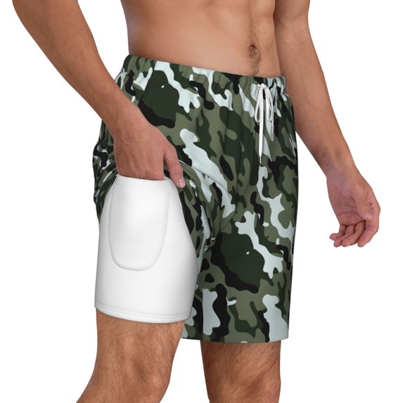 Mens Army Camouflage 2 in 1 Quick Dry Swim Trunks with Compression Liner Beach Shorts