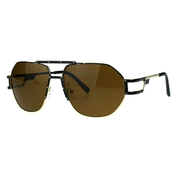 Mens Art Deco Nouveau Mobster Futurism Metal Aviator Sunglasses Black Gold Brown