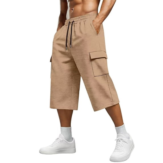 Mens Athletic Capris Pants Multi-Pockets Drawstring Elastic Waist Casual Workout Sports Shorts Fathers Gift