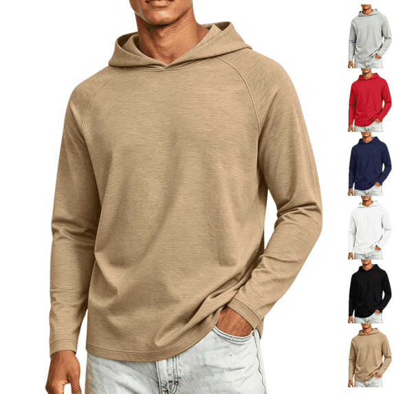 Mens Athletic Hoodie Quick Dry Lightweight Long Sleeve Hooded Pullover Fall Moisture Wicking Regular Fit Gym Active Pullover Top Khaki XL