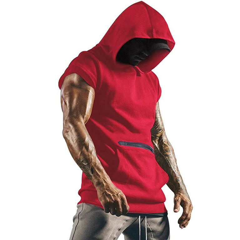 Mens Athletic Hoodies Short Sleeve Slim Fit Running Shirts Workout Hoodie  Muscle Tank Top Pullover with Pocket