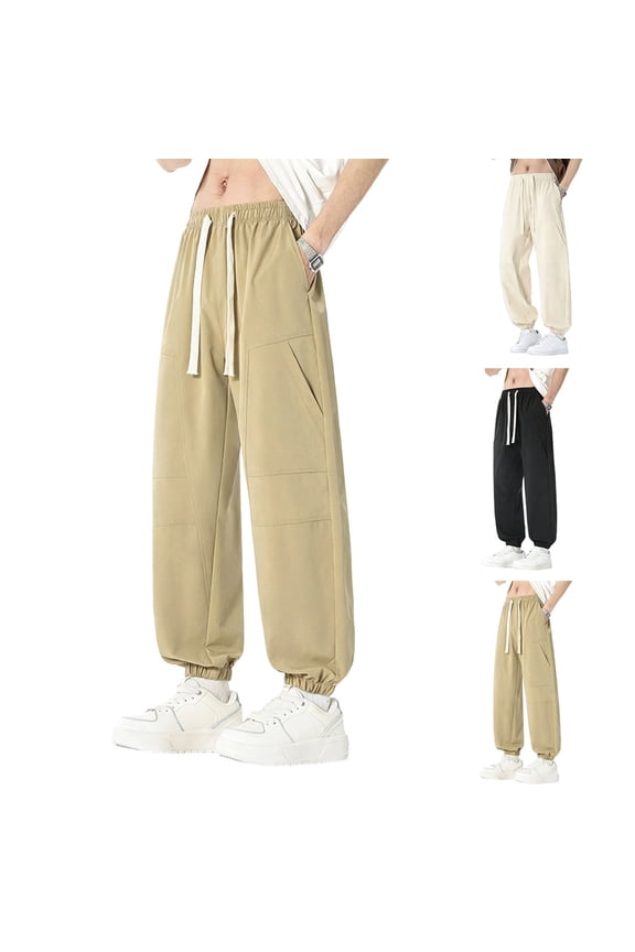 Mens Athletic Joggers with Pockets and Elastic Waist Lightweight Golf Pants Men Wrinkle Free Flat Front Stretch Relaxed Fit Tapered Work Travel Pants Big and Tall Size M-4XL Khaki