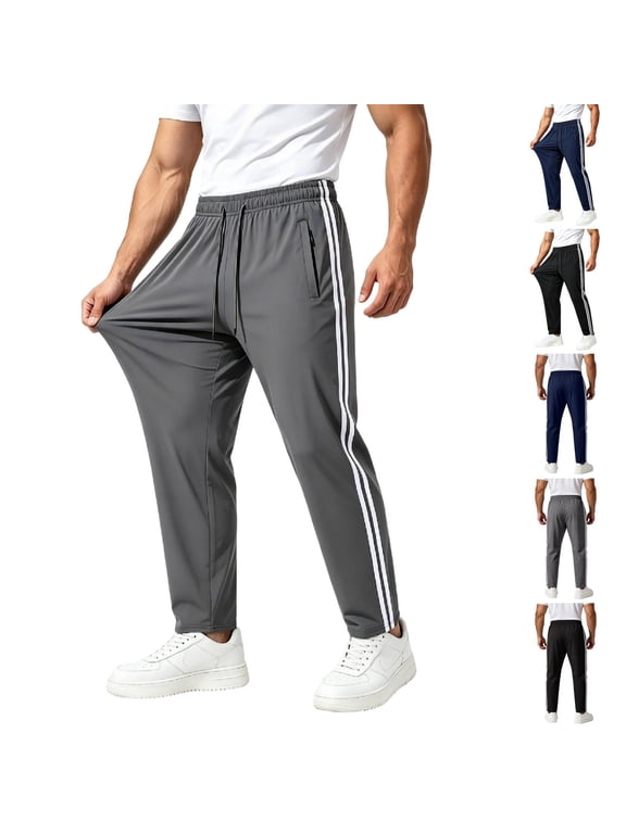 Mens Athletic Pants Lightweight Active Track Gym Workout Pants Drawstring Elastic Waist Striped Sides Running Pant, L
