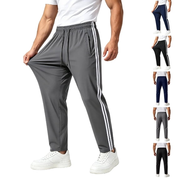 Mens Athletic Pants Lightweight Active Track Gym Workout Pants Drawstring Elastic Waist Striped Sides Running Pant, XL
