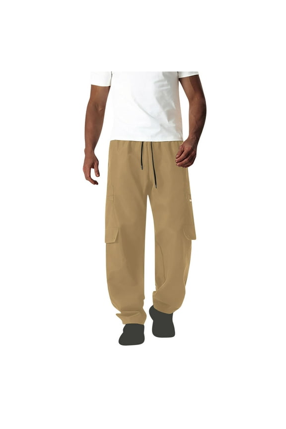 Mens Athletic Pants, Men's Solid Color Drawstring Elastic Waistband Multi Pocket Workwear Pants Khaki M