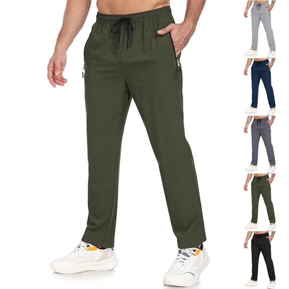 Mens Athletic Pants - Unisex Glide Pants Quick Dry Pull-on Stretch Pant Active Hiking Jogger Pant with Zipper Pockets Army Green L