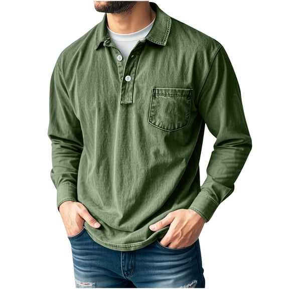 Mens Athletic Polo Shirt Lightweight Long Sleeve Button Collar Shirts with Pocket Army Green S