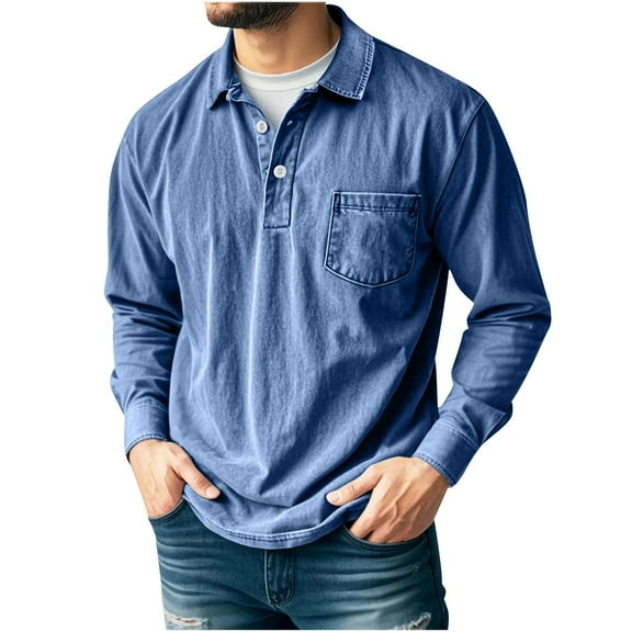 Mens Athletic Polo Shirt Lightweight Long Sleeve Button Collar Shirts with Pocket Blue XXXL